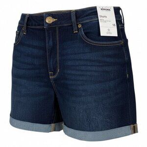 Sonoma Womens NEW 16 High Rise Denim Straight Jean Shorts Cuffed Dark Wash